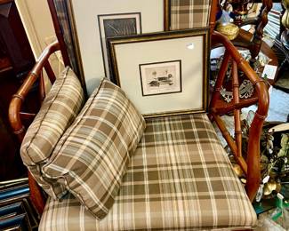 PAIR OF BAMBOO PLAID ARM CHAIRS.