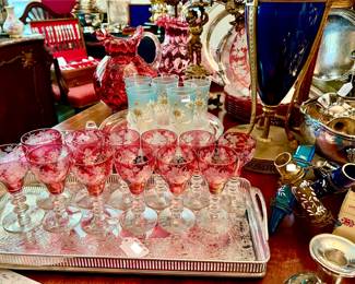 BEAUTIFUL CRANBERRY GLASS, SILVER, FRENCH ORMOLU.