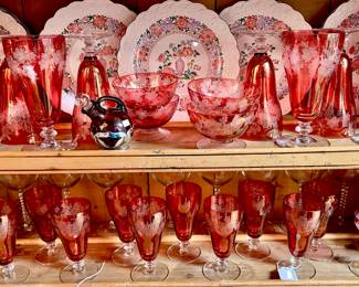 MORE CRANBERRY WATER GLASSES, STEMS, AND ROYAL DOULTON PLATES.