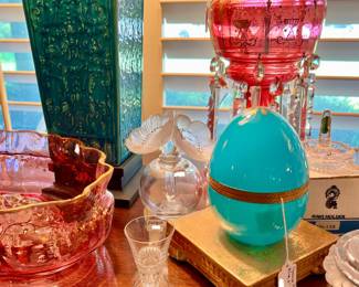 FRENCH OPALINE BLUE EGG. LARGE AND MEDIUM CRANBERRY MANTLE LUSTERS.