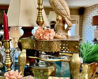 BRASS FIREPLACE STOOL WITH ITALIAN COCKATOOS.