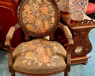 ANTIQUE TAPESTRY ARM CHAIR.