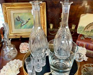 DECANTERS, SHELLS, AND BRASS.