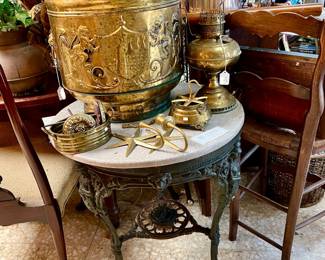 ANTIQUE CAST IRON ICE CREAM TABLE WITH NEWER TOP.
