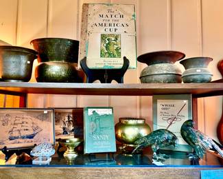 VINTAGE SPITOONS, NAUTICAL ART, AND BOOKS.