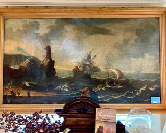 ANTIQUE SHIPS AT SEA OIL PAINTING.