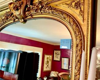 ANTIQUE FRENCH GRAND 24KT GOLD PAINTED MIRROR WITH ACANTHUS LEAVES.
