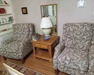 Matching pair of recliners with a pair of matching wood end tables
