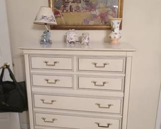 French Provencal chest, framed Crewel work,