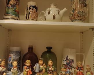 German beer steins, Hummelstown, Benjamin Franklin syrup bottle, teapots