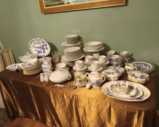 Blue Danube, Blue Willow, Churchill, Grace Concerto complete set with serving pieces