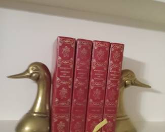 Brass mallard duck bookends, vintage books