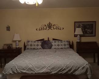 King bed, wood side table, wood secretary pair of lamps