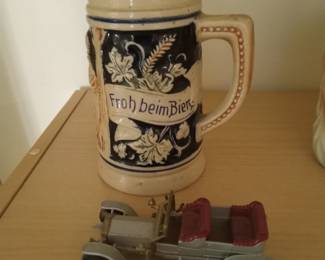 German beer steins, vintage metal car