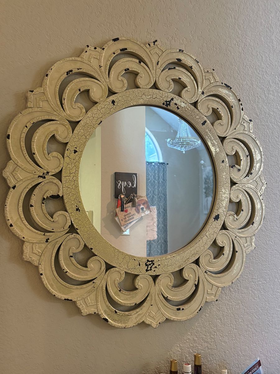 Pier One Round Mirror  $25  The mirror was made in the "Shabby and Sheik" design with the cracked and spots of missing  paint.  It is at least 3 ft in diameter and looks great on any wall.