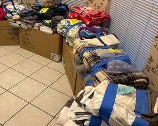 Lots of linens, electric blankets, sheets King and Twin, bath towels, bath sheets, table cloths, duvet covers, duvet down insert comforters, new comforters, new shams, lots of new linens