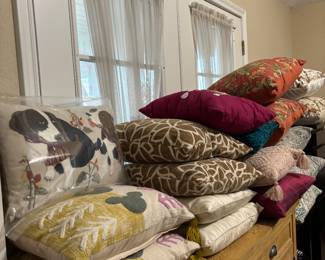 Pier One dresser $50, 2 end tables $30 each or both for $50, Pier One pillows, some World Market.