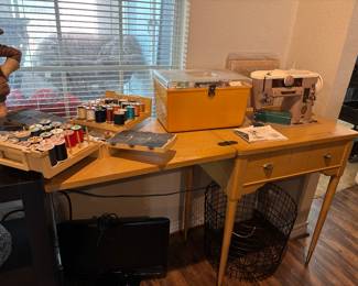 Vintage 1950/1960 era Singer Sewing machine and cabinet $100--works--Sewing box filled with notions and Notions expandible box filled with notions $15 each