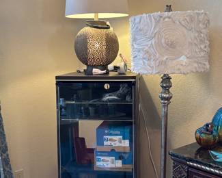 Pier One floor lamp $40, Stereo cabinet $25, Metal round lamp $15