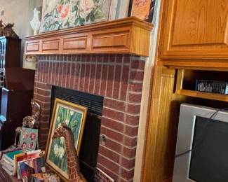 Books various prices, Sony old style TV with Converter--FREE, Original Oil Painting by Joy Anderson $50, Pier One Wall Art $30, Mandala by Donna Bearden $20, Pier One Giraffe $30, Plaster Giraffe $30, white Grecian Vase $10