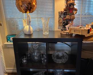 Joy Swan Lamp $20. Aviator Lamp $25, various antique glass vases, bowls, trays, and pitcher/glass set. Pier One Wooden Storage Cube $30