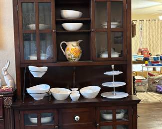 Pier One China Cabinet--$125. Pier One white serving pieces. Pampered Chef 3-tier serving platter, various Corelle by Corning serving dishes--some with lids. Pier One Reindeer (2) and Moose--$10 ea. Family sign $10