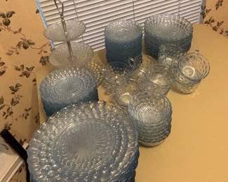 Vintage Blue Bubble Dishes--over 100 pieces including one grill plate, serving bowl, serving platter, sugar and creamer $250