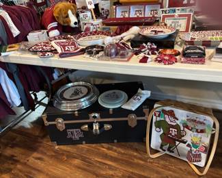 Texas A&M Trunk--never used, Old Sarge Picnic Basket $25, Reveille Wall Clock $20