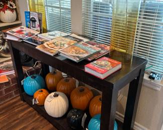 Pier One Wooden Sofa Table $50. Glass lamps $5 each. Cookbooks various prices. Large pumpkins $5. Small pumpkins $3.