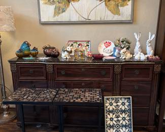 Pier One Wall Art $25, Ashley Furniture Dresser $100, Various Pier One, Fitz & Floyd, Le Creuset decor at various prices. 2 Pier One "C" tables $10 each. Pier One Blue Mosaic Tray $30
