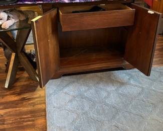 Pier One Blue Area Rug--10x10 $50, Pier One Blue Runner in back ground $25--2 door expanding buffet $50