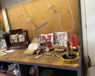 Vintage mirrored shelf, Nebr items, smoking items