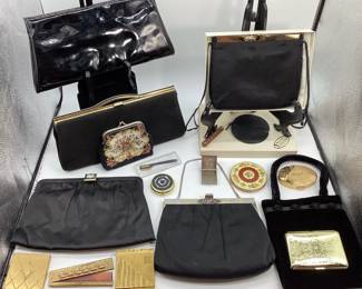 Vintage Black Purses, Compacts, and Miscellaneous Items
