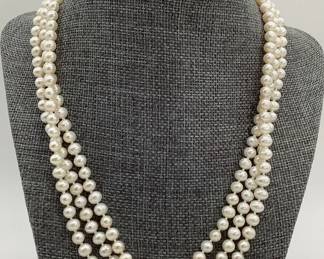 10K Triple Strand Twisted Pearl Necklace + 14K Pearl & Sapphire Earrings