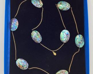 Extra Long Sterling Silver and Abalone Shell Stationed Necklace