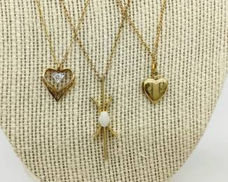 Three 12K Gold Filled Necklaces: Diamond Heart, White Oval, Heart Locket