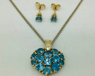 14K Yellow Gold Blue Topaz Necklace and Earrings