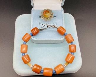 Sterling Silver Orange Stone Bracelet & Two-Toned Polished Agate Ring