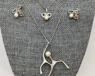 Two Sterling Silver and Cultured Pearl Necklaces + Earrings