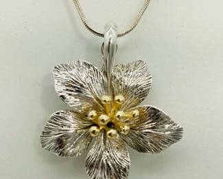 14K and Sterling Silver Flower Pendant on Sterling Silver Snake Chain