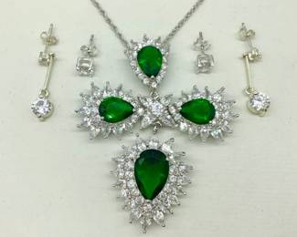 Sterling Silver Green Glass Separated Teardrop Cross Necklace + Earrings