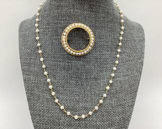 1/20 14K G.F. Stationed Cultured Pearl Necklace & 1/20 12K G.F. Circle Brooch