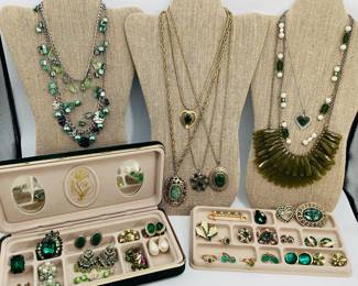 Glittering Green Jewelry with Jewelry Box: Some Signed, Vintage, Silver