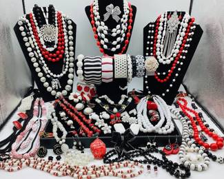 Red, White, and Black Retro Fashion Jewelry; some signed