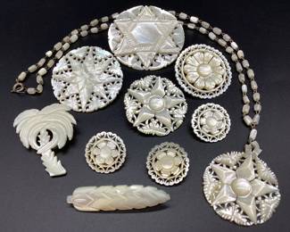 Hand Carved Mother of Pearl Brooches, Earrings, and 925 Necklace: Bethlehem