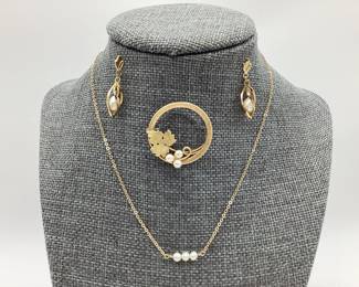 14K Gold Filled Necklace, KREMENTZ Brooch, and Caged Dangle Drop Earrings