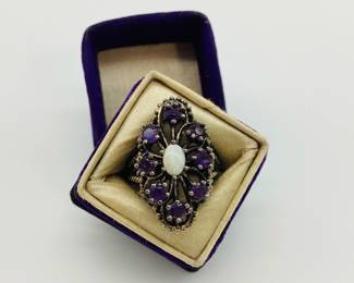 Vintage Sterling Silver and Amethyst Ring with Oval White Center Stone