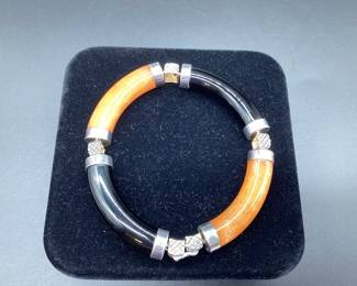 Sterling Silver, Jade, and Onyx Bangle Bracelet