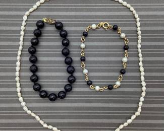 14K Gold Filled Necklace and WELLS Bracelet + Sterling Silver Onyx Bracelet