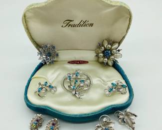 Silver and Blue Brooch and Earring Lot: Some Signed, Vintage